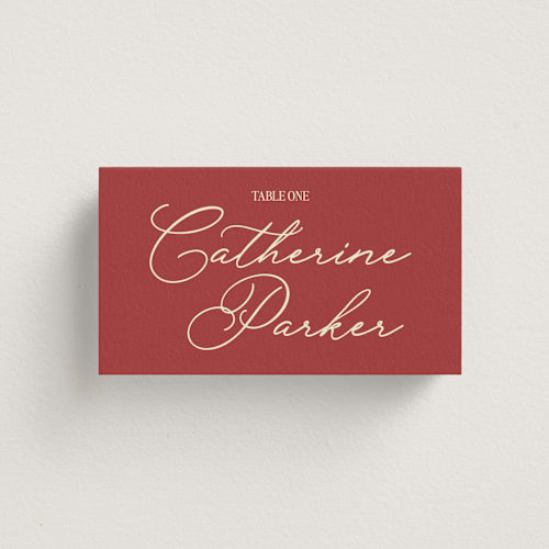 This is a burgundy wedding place cards with standard by Helena Vitto called elizabeth printing on signature in placecard
