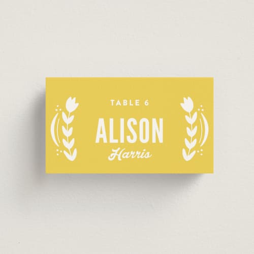 This is a sunshine wedding place cards with standard by Jessie Steury called pretty picado printing on signature in placecard