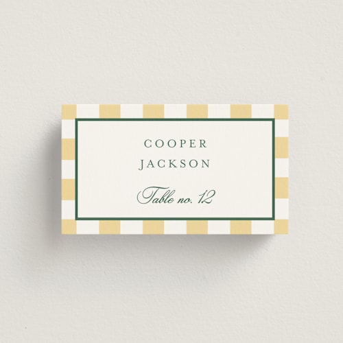 This is a citrine wedding place cards with standard by Emily Betts called curved frame printing on signature in placecard