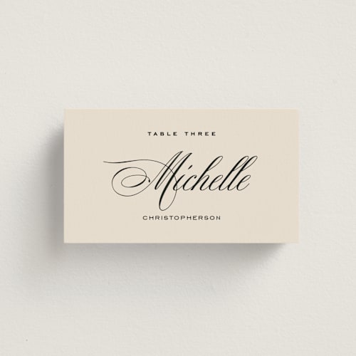 This is a almond wedding place cards with standard by Eric Clegg called modern romance printing on signature in placecard