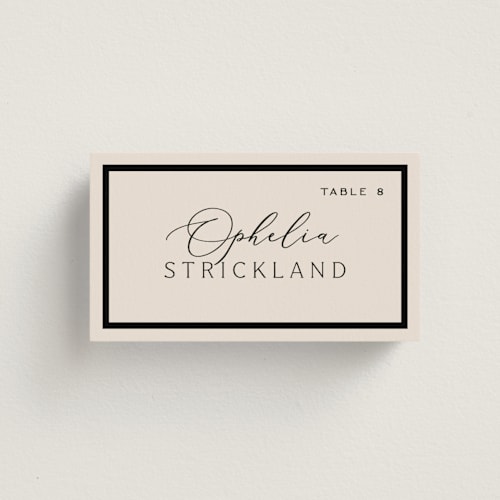 This is a black tie wedding place cards with standard by Hooray Creative called twin border printing on signature in placecard