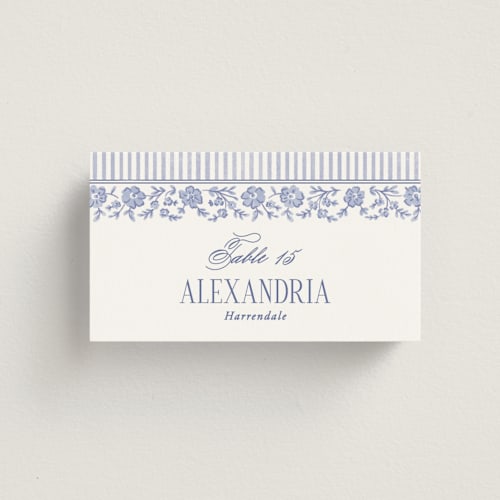 This is a cerulean wedding place cards with standard by Jenna Holcomb called embroidered printing on signature in placecard
