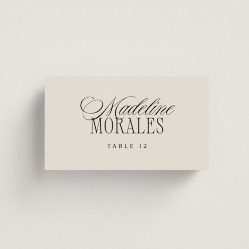This is a linen wedding place cards with standard by Kelly Schmidt called woods printing on signature in placecard