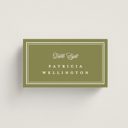 This is a olive wedding place cards with standard by Ellen Schlegelmilch called museo printing on signature in placecard