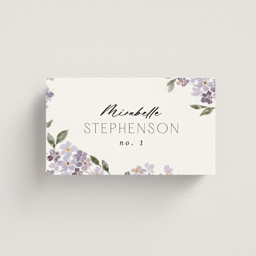 This is a periwinkle wedding place cards with standard by Itsy Belle Studio called sweeping vine printing on signature in placecard