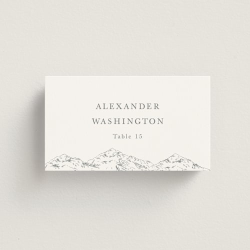 This is a pewter wedding place cards with standard by Sarah Brown called mountainview printing on signature in placecard