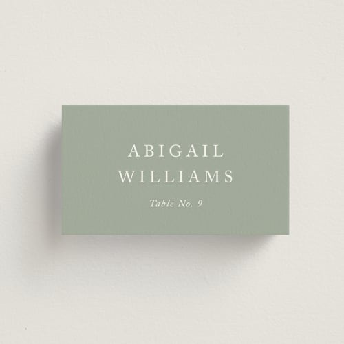 This is a soft sage wedding place cards with standard by Jennifer Postorino called breathe printing on signature in placecard