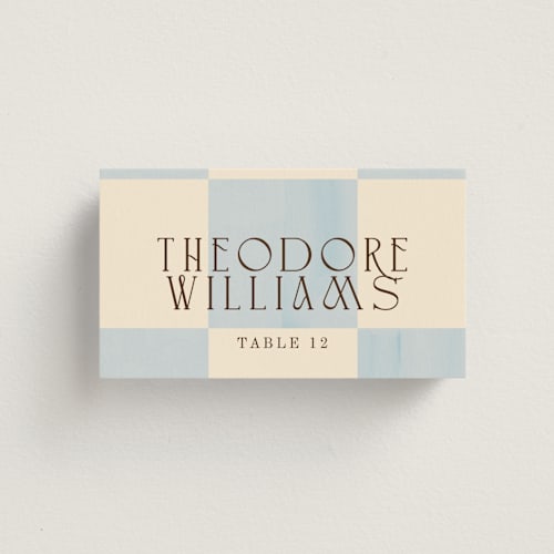 This is a ivory wedding place cards with standard by Baumbirdy called checker wash printing on signature in placecard