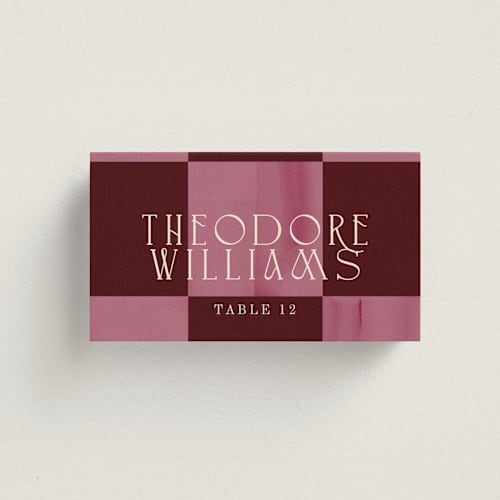 This is a scarlet wedding place cards with standard by Baumbirdy called checker wash printing on signature in placecard