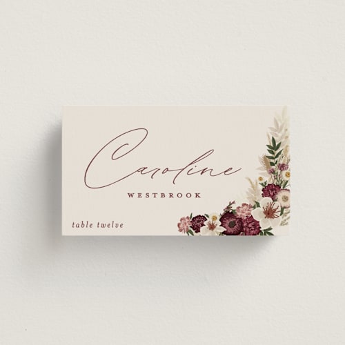 This is a cabernet wedding place cards with standard by Erin Deegan called dried floral wreath printing on signature in placecard
