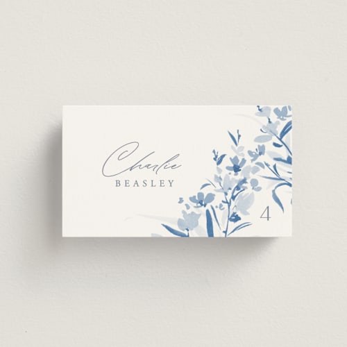 This is a cobalt wedding place cards with standard by Everett Paper Goods called fleur printing on signature in placecard
