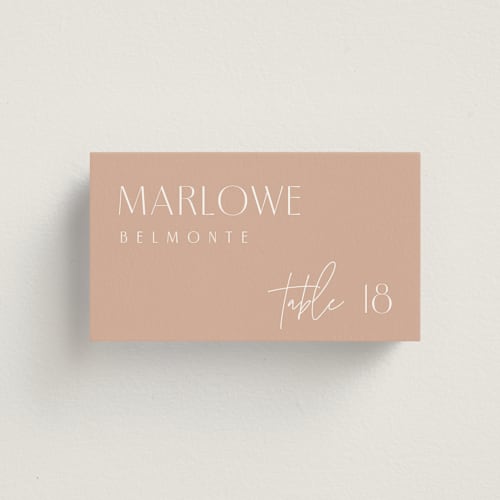 This is a terracotta wedding place cards with standard by Kelly Schmidt called overlap printing on signature in placecard