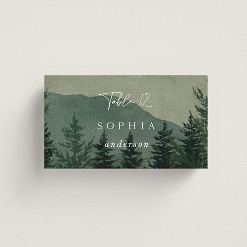 This is a jade wedding place cards with standard by Elly called the forest printing on signature in placecard