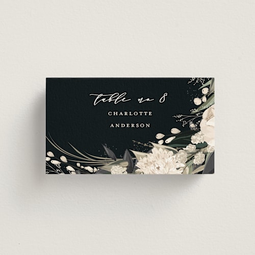 This is a midnight wedding place cards with standard by Susan Moyal called ivory ring printing on signature in placecard