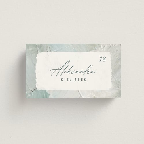 This is a aqua wedding place cards with standard by Hooray Creative called tidal wave printing on signature in placecard