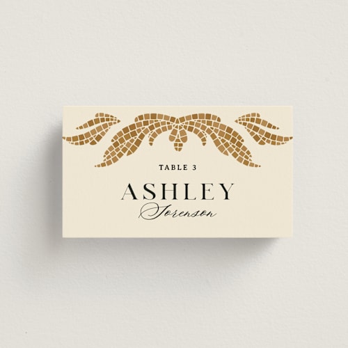 This is a sand wedding place cards with standard by GeekInk Design called floral mosaic printing on signature in placecard
