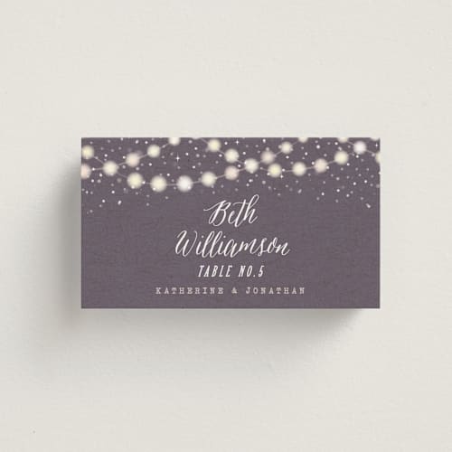 This is a plum wedding place cards with standard by Hooray Creative called garden lights printing on signature in placecard