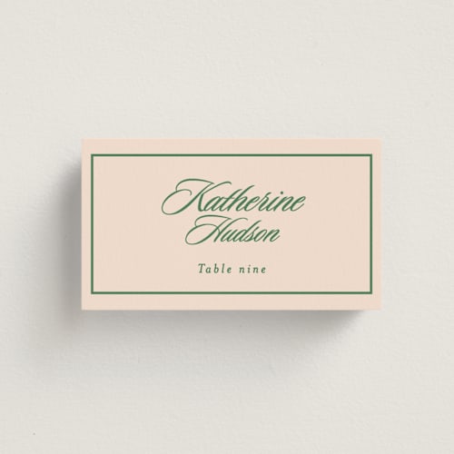 This is a emerald wedding place cards with standard by Creo Study called scripted printing on signature in placecard