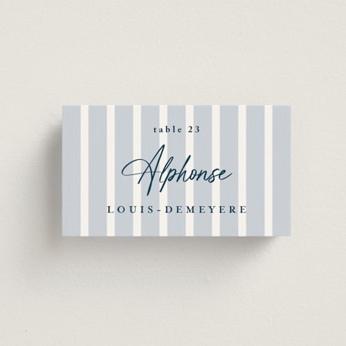 This is a powder blue wedding place cards with standard by chocomocacino called melihrolo printing on signature in placecard