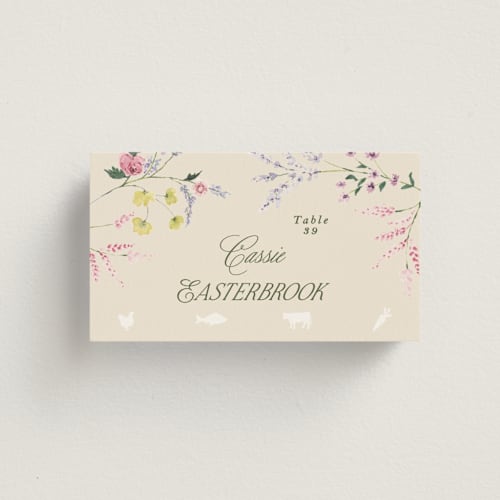 This is a english garden wedding place cards with standard by Phrosné Barwood called whimsey floral printing on signature in placecard