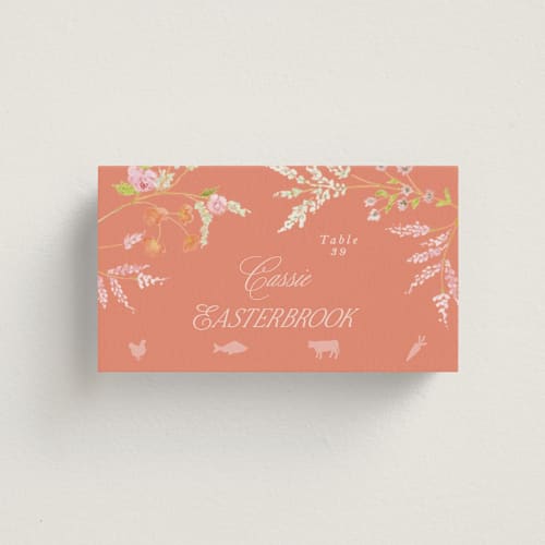 This is a verona sunset wedding place cards with standard by Phrosné Barwood called whimsey floral printing on signature in placecard