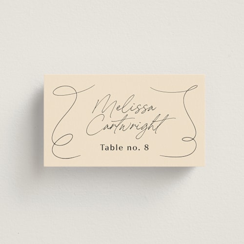 This is a champagne wedding place cards with standard by Wallace Design Co. called french whimsy script printing on signature in placecard