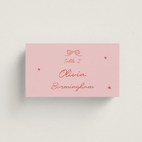 This is a peach wedding place cards with standard by Helena Vitto called the bird song printing on signature in placecard
