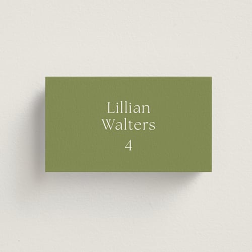 This is a moss wedding place cards with standard by Megan Davis called perriand printing on signature in placecard