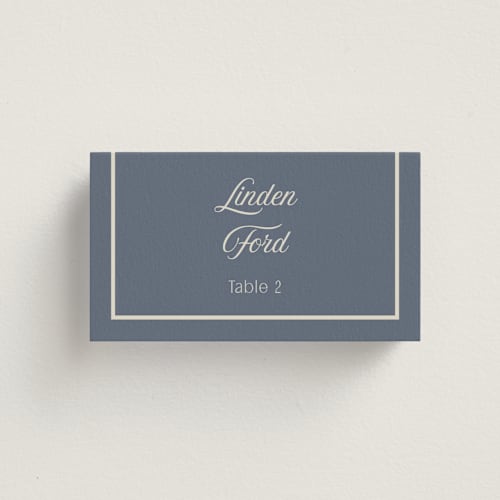 This is a french blue wedding place cards with standard by Nicoletta Savod called ritzy printing on signature in placecard