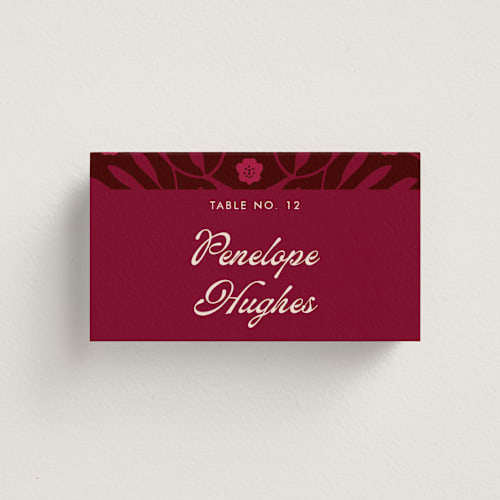This is a garnet wedding place cards with standard by Morgan Kendall called victorian chic printing on signature in placecard