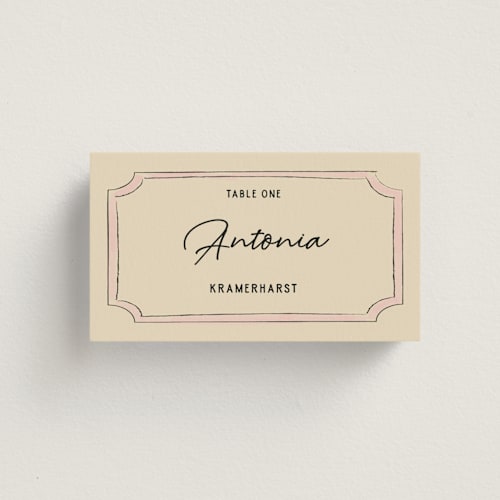 This is a linen wedding place cards with standard by Helena Vitto called modern fairy tale printing on signature in placecard
