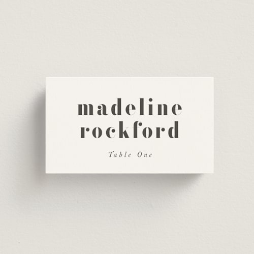 This is a charcoal wedding place cards with standard by Lori Wemple called monogram square printing on signature in placecard