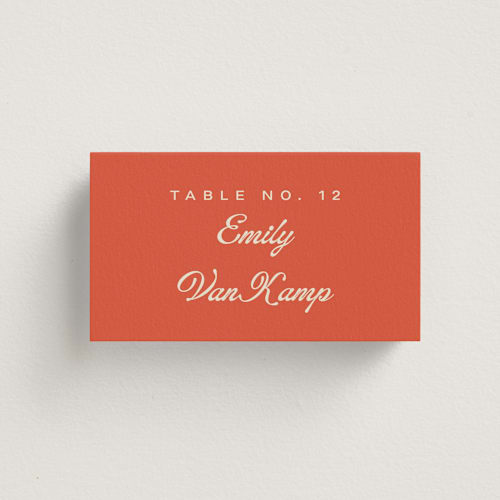 This is a tangerine wedding place cards with standard by Alethea and Ruth called modern bold printing on signature in placecard