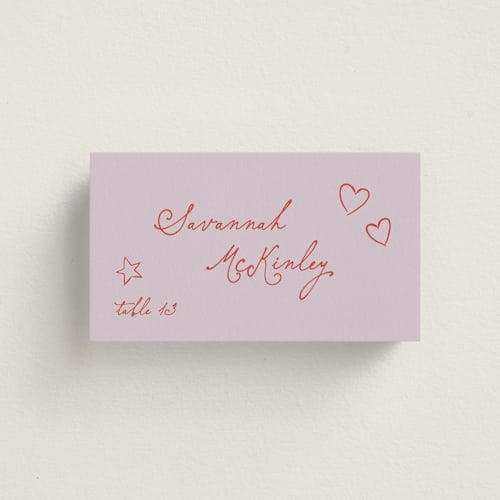 This is a lavender wedding place cards with standard by Kelly Watkins called whimsical printing on signature in placecard
