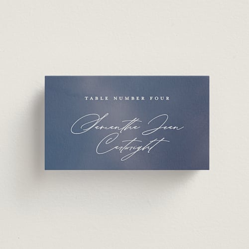 This is a delphinium wedding place cards with standard by Ashley DeMeyere called nouveau frame printing on signature in placecard