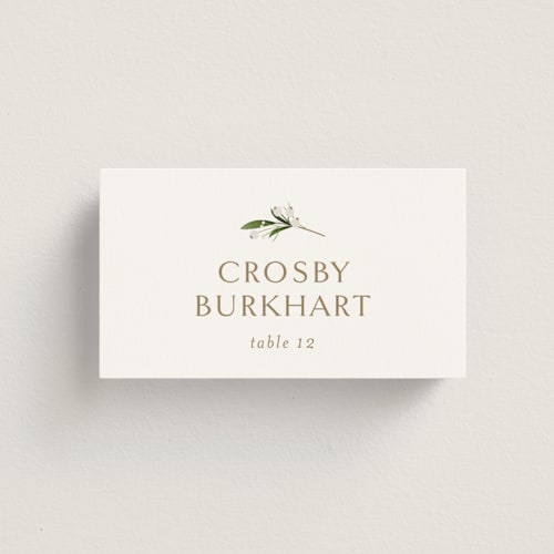 This is a champagne wedding place cards with standard by Jennifer Postorino called soft sprigs printing on signature in placecard