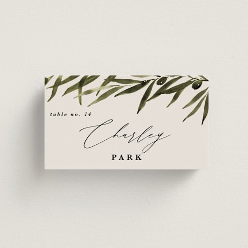 This is a creme wedding place cards with standard by Kate Ahn called tuscan hill printing on signature in placecard