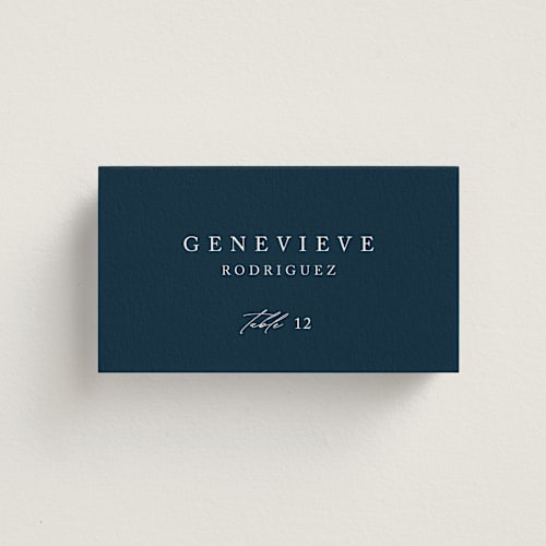 This is a navy wedding place cards with standard by Kelly Schmidt called astoria printing on signature in placecard