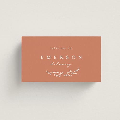 This is a terracotta wedding place cards with standard by Brianne Larsen called branched printing on signature in placecard