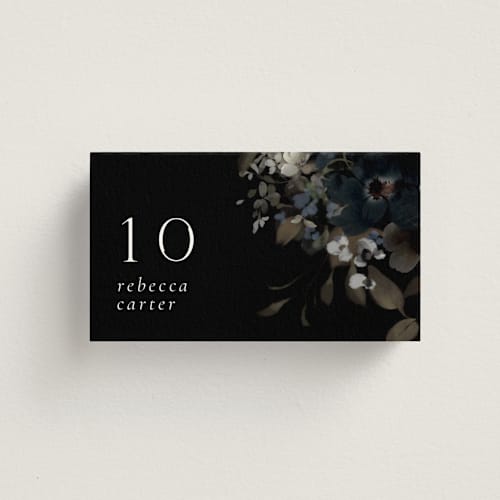 This is a midnight wedding place cards with standard by Grace Kreinbrink called vintage botanical printing on signature in placecard
