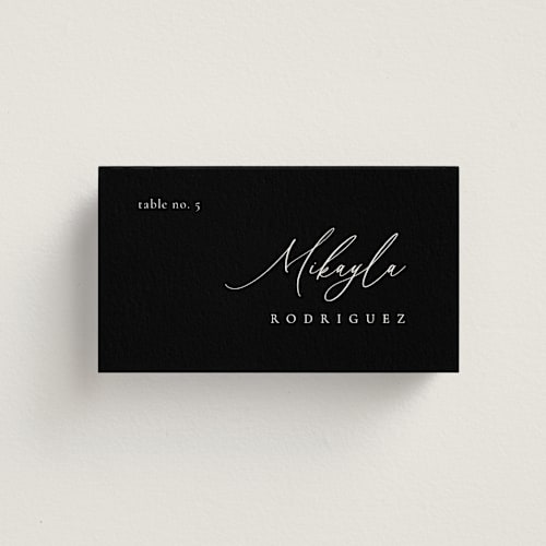 This is a midnight wedding place cards with standard by Kelly Schmidt called corner printing on signature in placecard