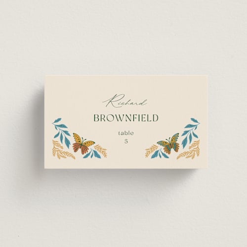 This is a sunset wedding place cards with standard by Jen Owens called flutter printing on signature in placecard