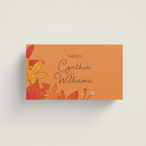 This is a autumn wedding place cards with standard by Morgan Ramberg called fall in love printing on signature in placecard