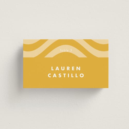 This is a sunshine wedding place cards with standard by Catherine Culvenor called bubblegum printing on signature in placecard