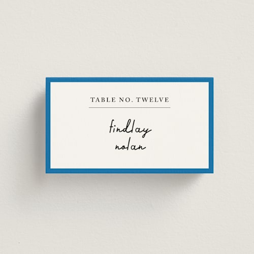 This is a cobalt wedding place cards with standard by mo kelley called swirl frame printing on signature in placecard
