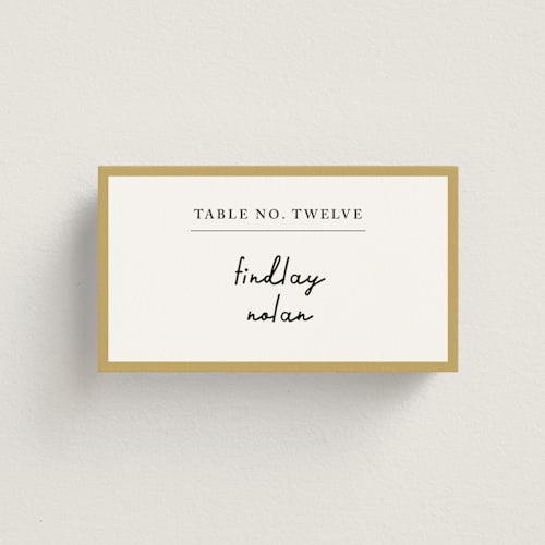 This is a butterscotch wedding place cards with standard by mo kelley called swirl frame printing on signature in placecard
