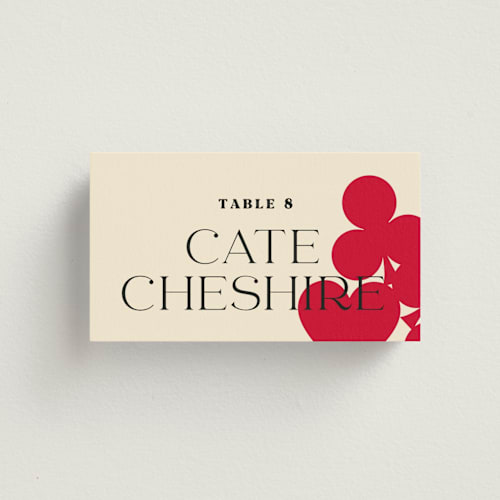 This is a ruby wedding place cards with standard by Baumbirdy called pair of hearts from disney's alice in wonderland printing on signature in placecard