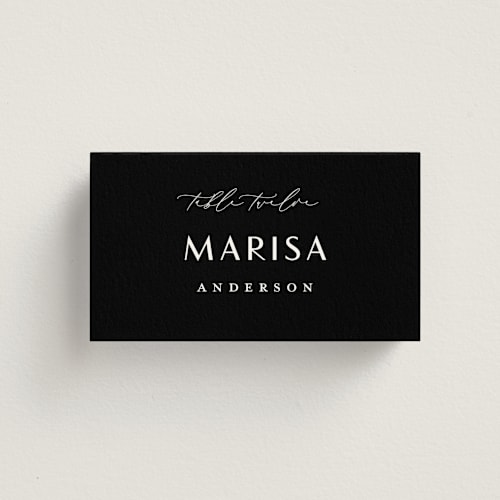 This is a onyx wedding place cards with standard by Emily Betts called modern classic names printing on signature in placecard
