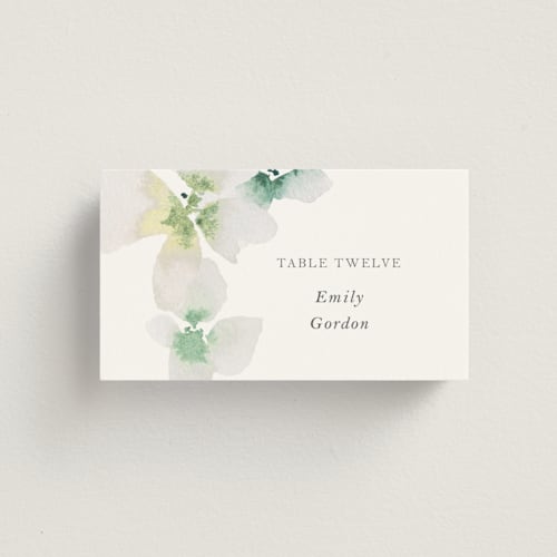This is a springtime wedding place cards with standard by Design Lotus called whispered printing on signature in placecard