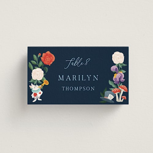 This is a evening wedding place cards with standard by Elly called disney's alice in wonderland garden tea party printing on signature in placecard